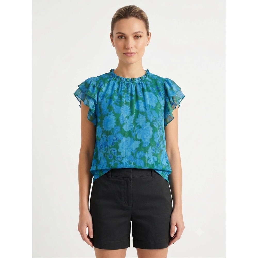 Sugarlips Dainty Fairy Feminine Blue‎ Green Ruffle Neck Flutter Sleeve Blouse M